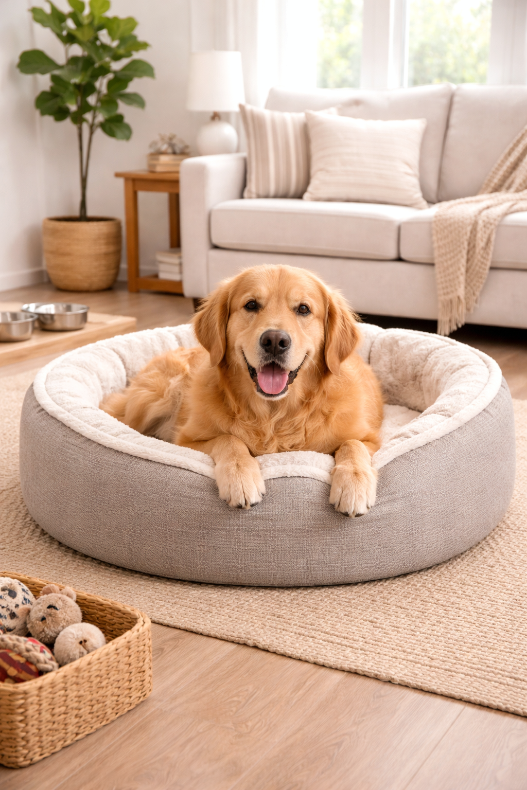 Cozy under stairs dog nook with a dog bed in a warm neutral space