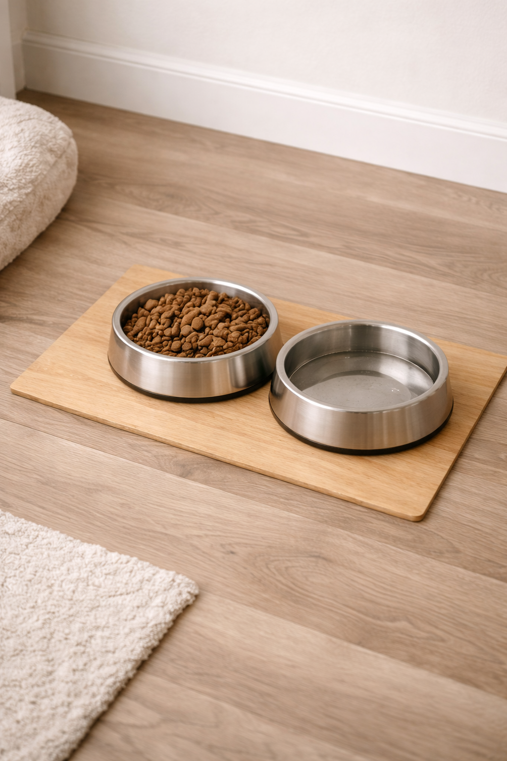 Under stairs dog nook with a compact feeding area