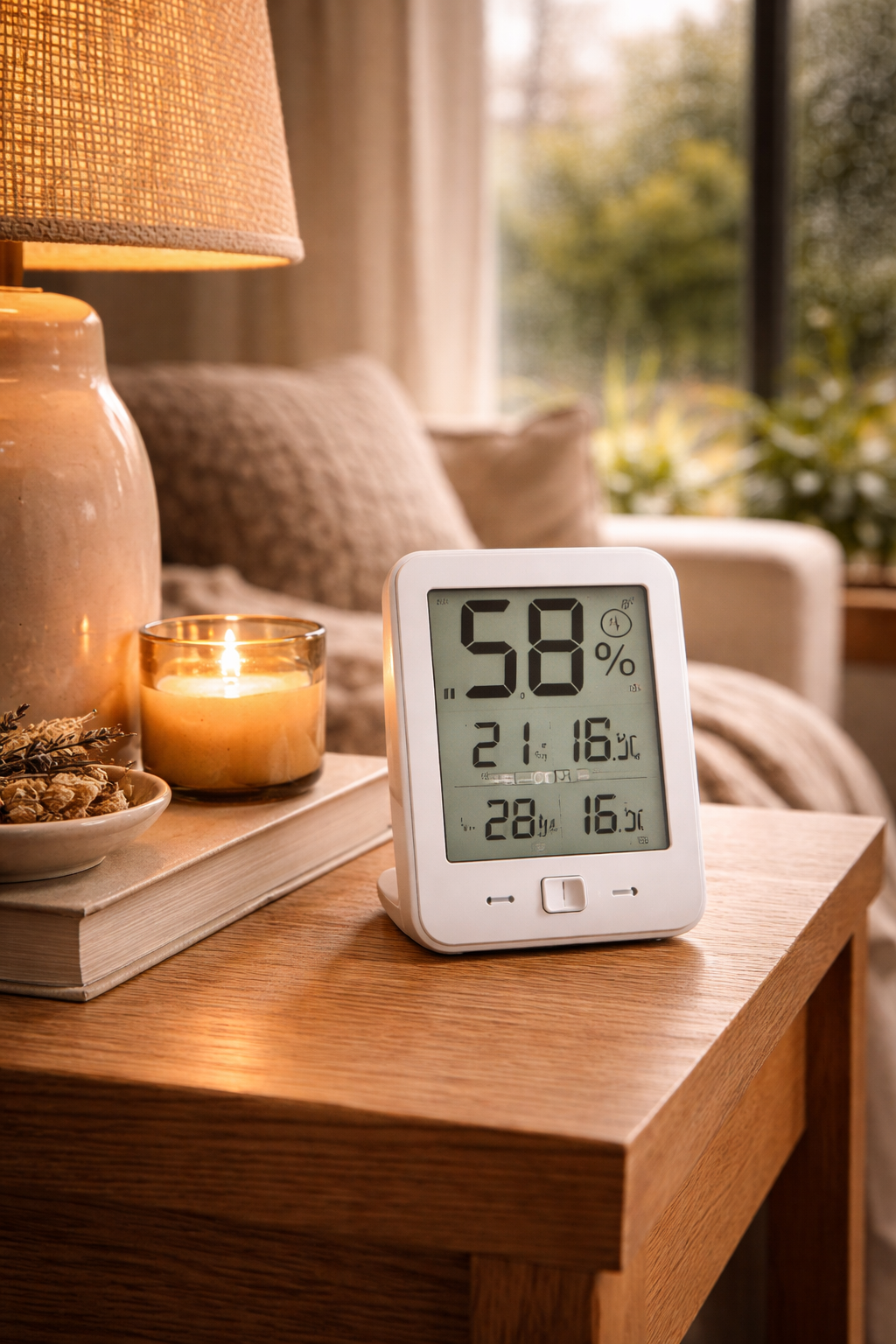 Digital hygrometer tracking humidity in a laundry area