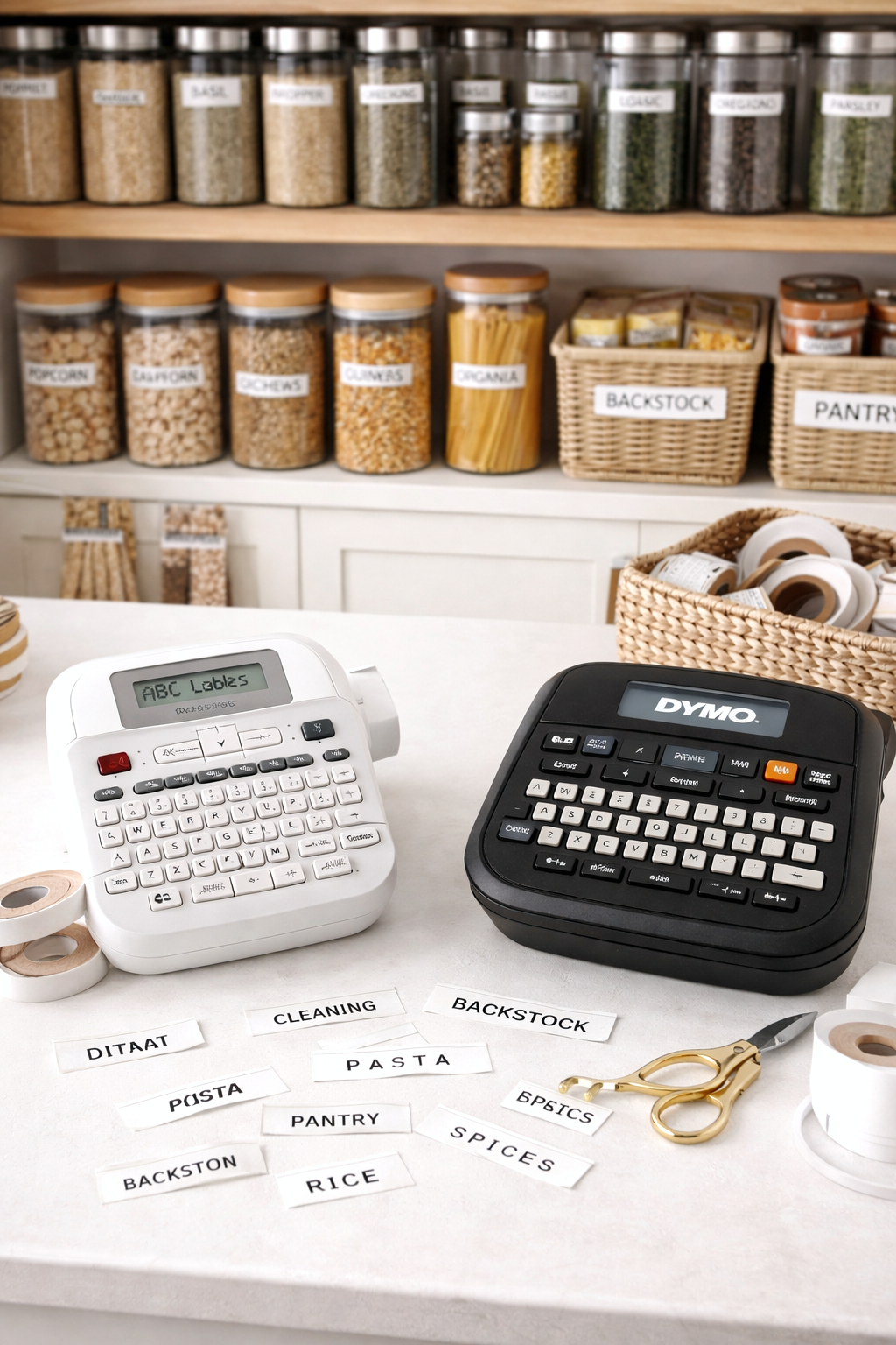 Organized pantry containers with simple labels
