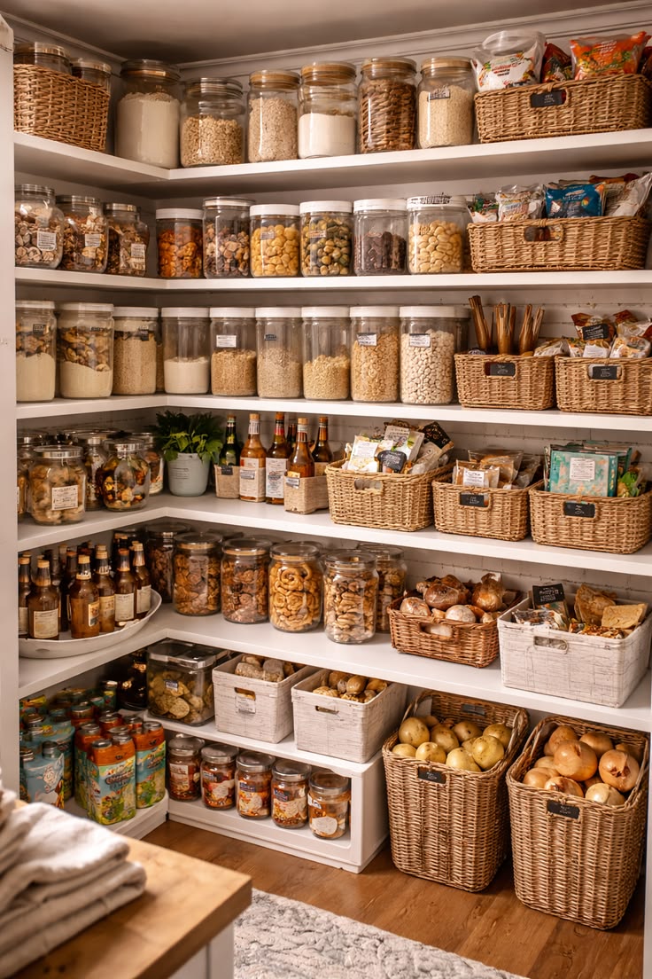 Pantry shelves organized with containers and baskets