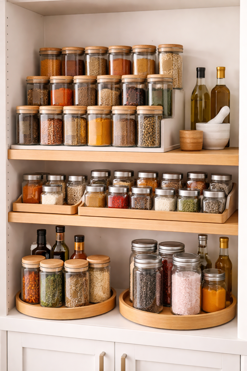 Pantry shelf with spices and tiered storage organizers