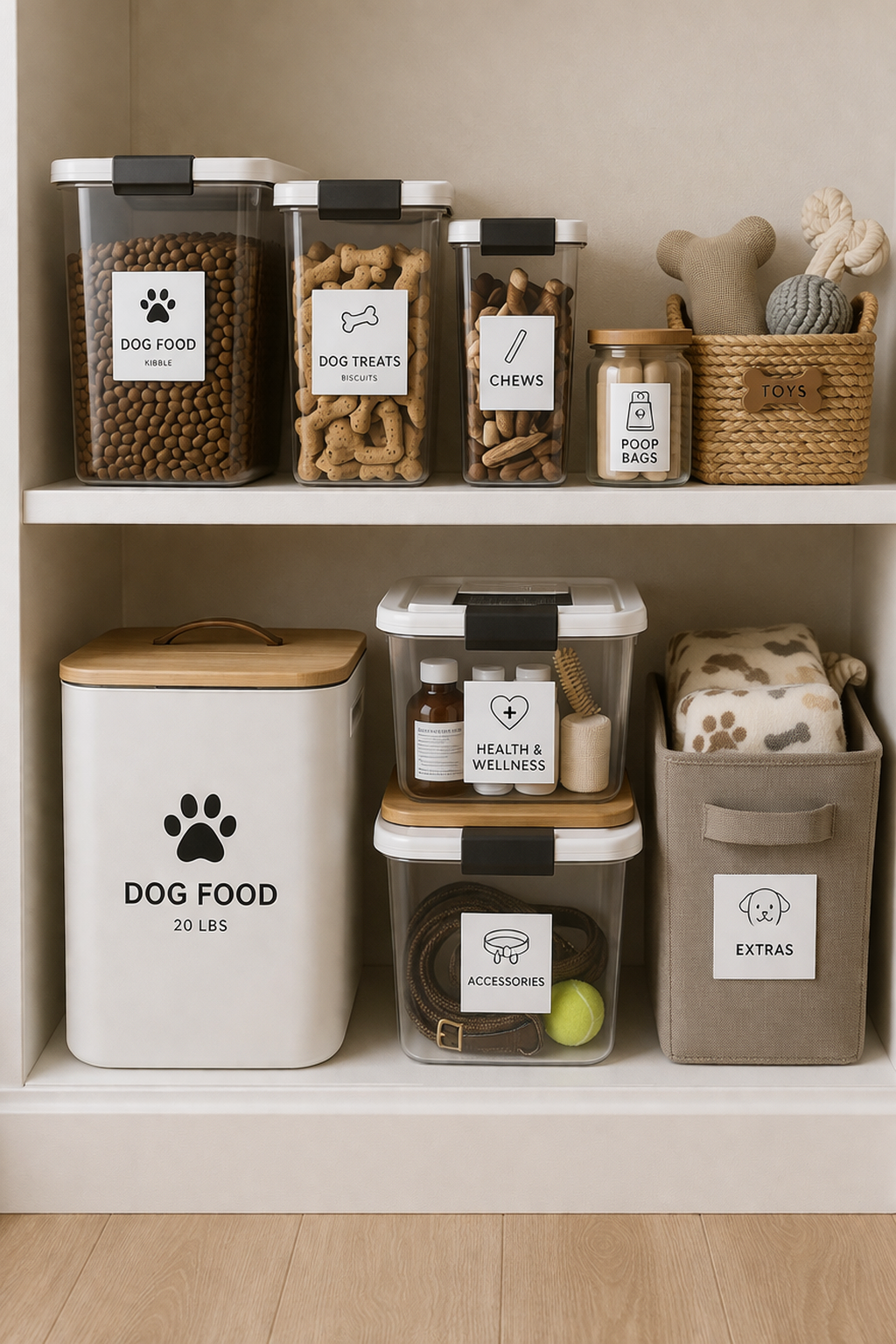 Under stairs dog nook with tidy pet storage containers