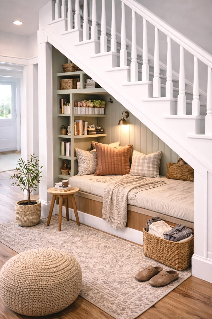Under stairs cozy nook with built-in shelving, cushions, and warm hallway lighting