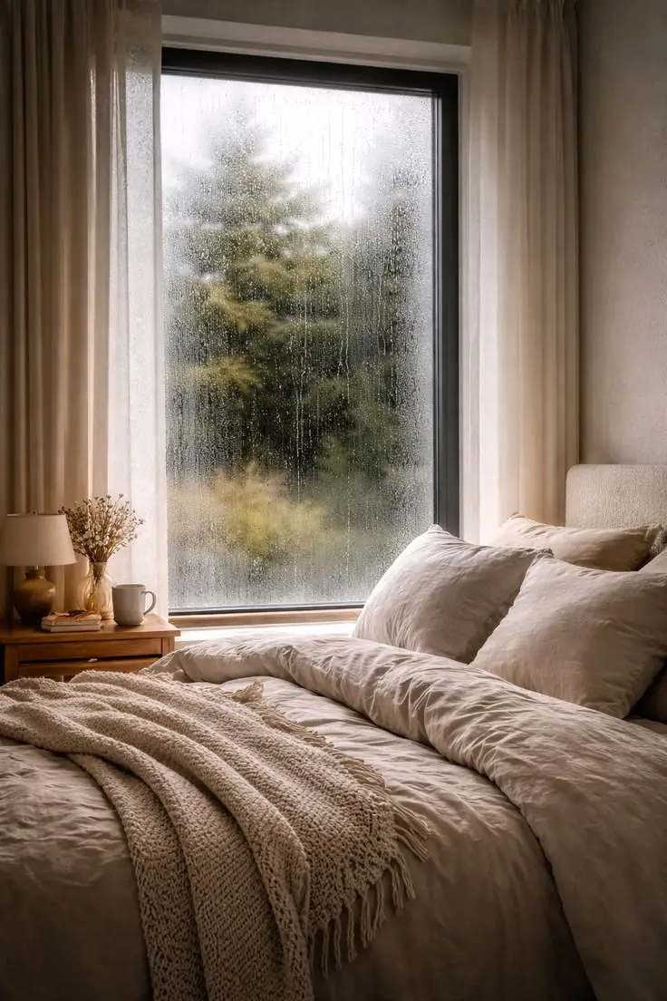 Bedroom window with condensation and soft neutral interiors