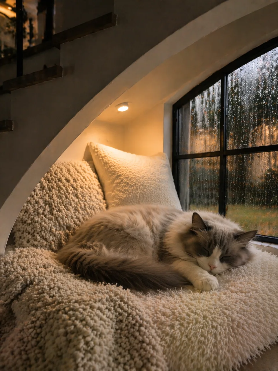 A cat sitting beside a window with soft indoor light and signs of damp air nearby