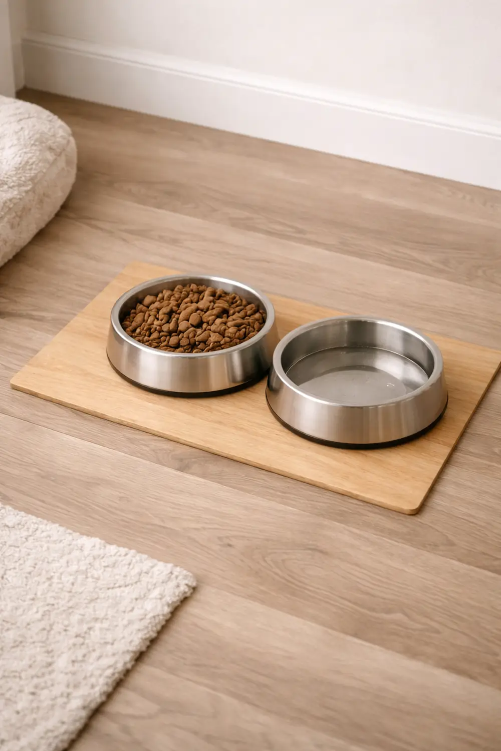 Under stairs dog nook with a compact feeding area