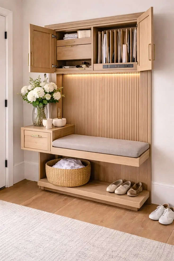 Entryway with warm neutral seating, baskets, and wall hooks