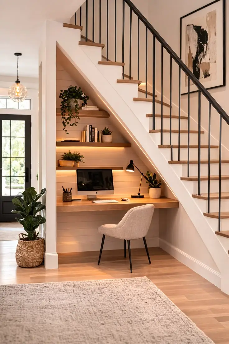 Home office with warm neutral storage and tidy desk layout