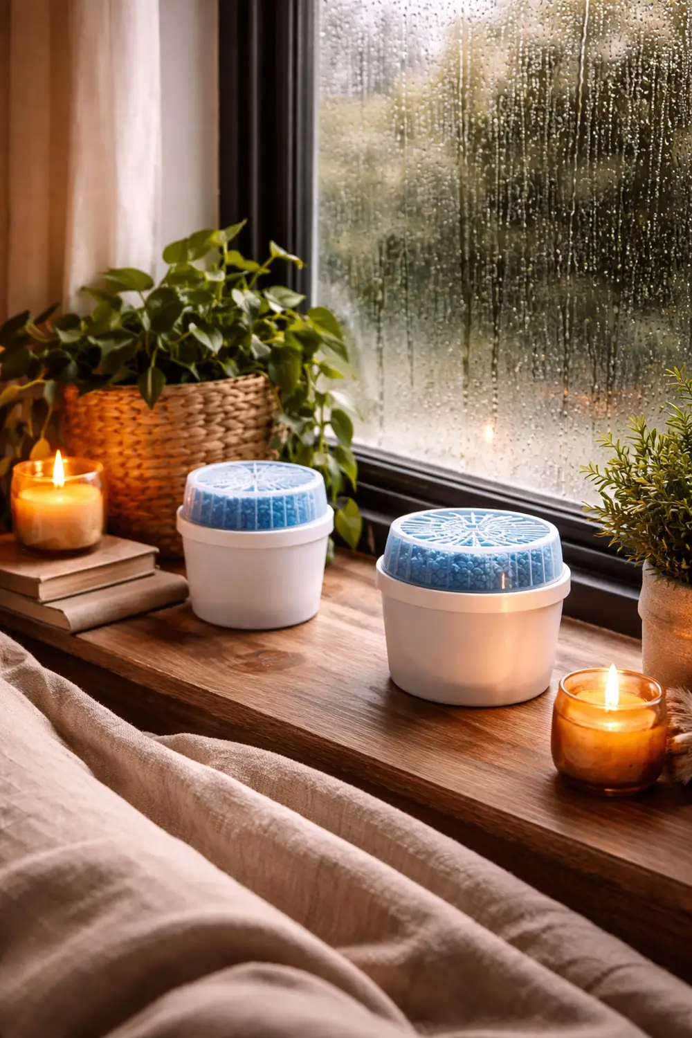 Moisture absorber near a window in a room