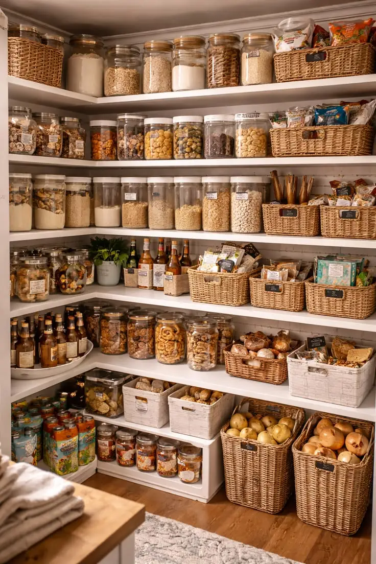 Pantry shelves arranged with containers and baskets