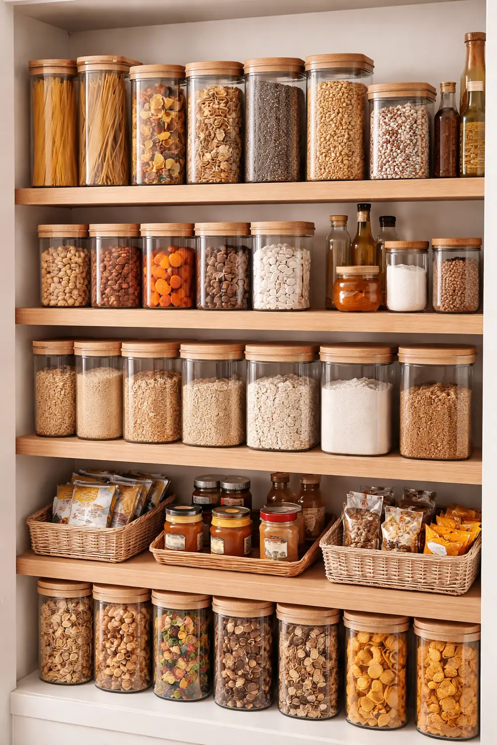 Pantry shelves with matching food storage containers
