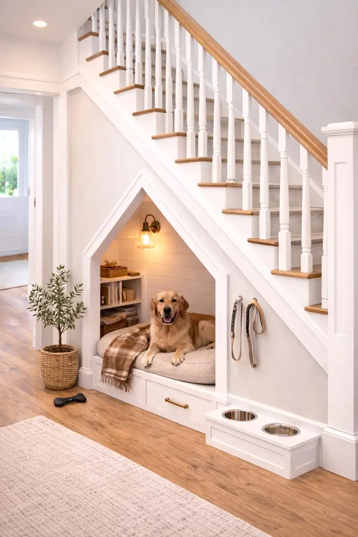 Under stairs dog nook with concealed cabinetry and drawers