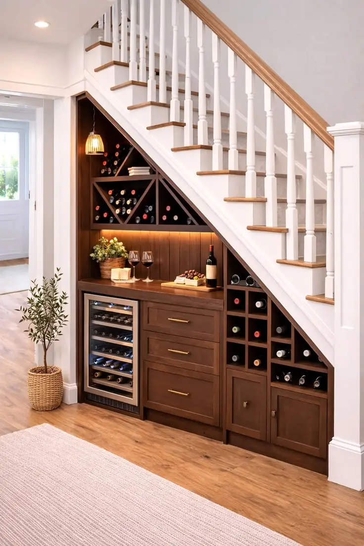 Built-in under stairs wine storage with bottle racks, cabinetry, and a wine fridge
