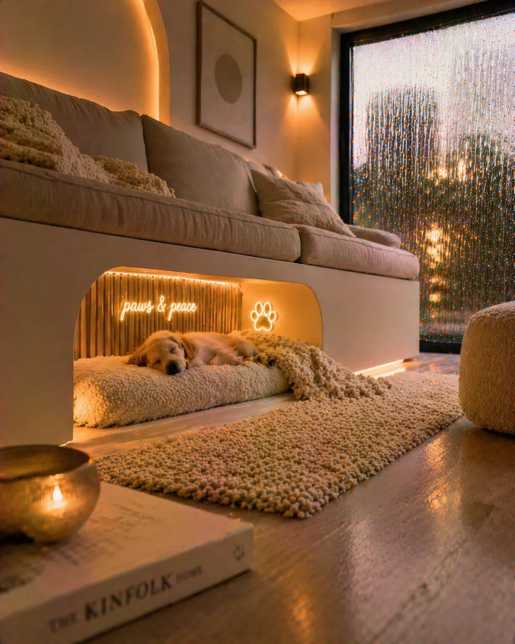 A cosy dog nook near a window with warm lighting and condensation on the glass